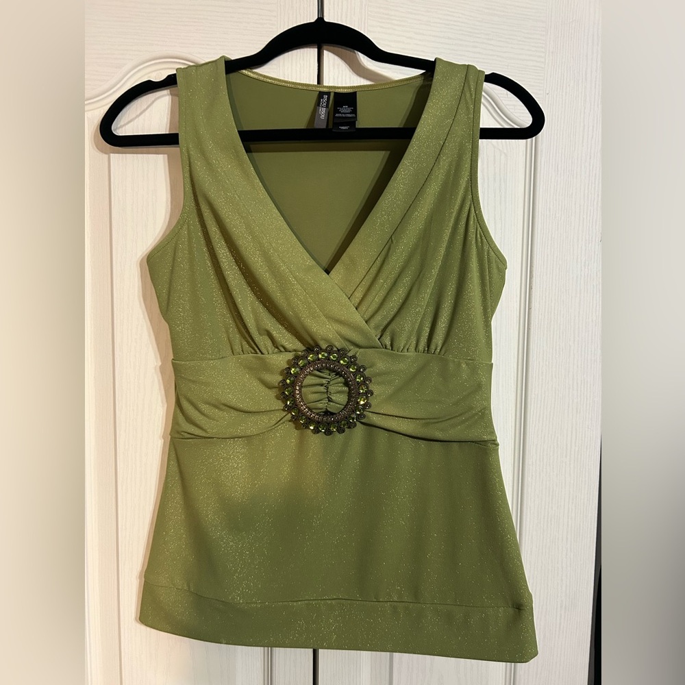 Bisou Bisou Vintage Y2K Olive Green Sparkle Sleeveless Blouse – Size M - Picture 7 of 7